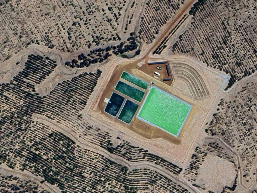 Aerial view of WWTP, ponds and irrigation areas