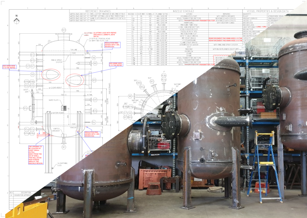 split image showing a redlined technical drawing and the final constructed equipment